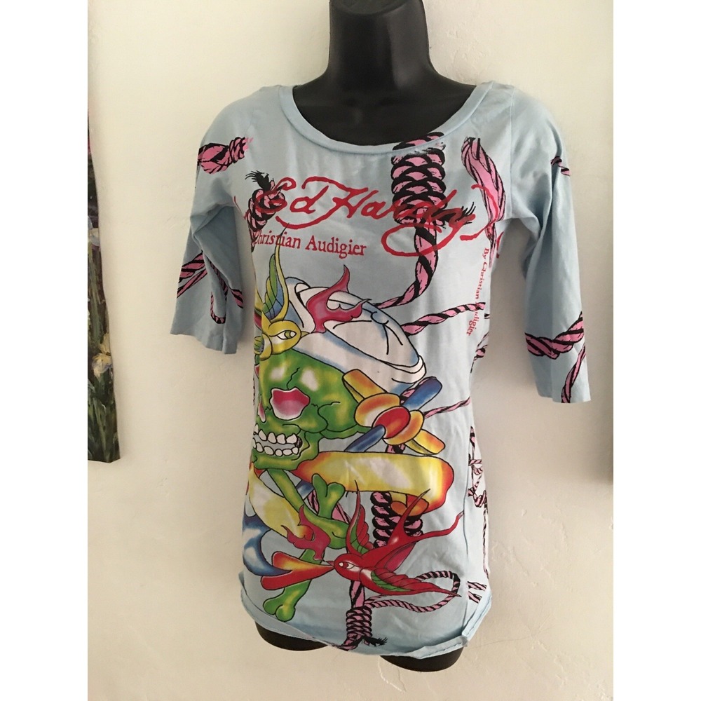 NEW ED Hardy 3/4 Sleeve Shirt DAVY JONES light blue rare SIZE XS Vintage